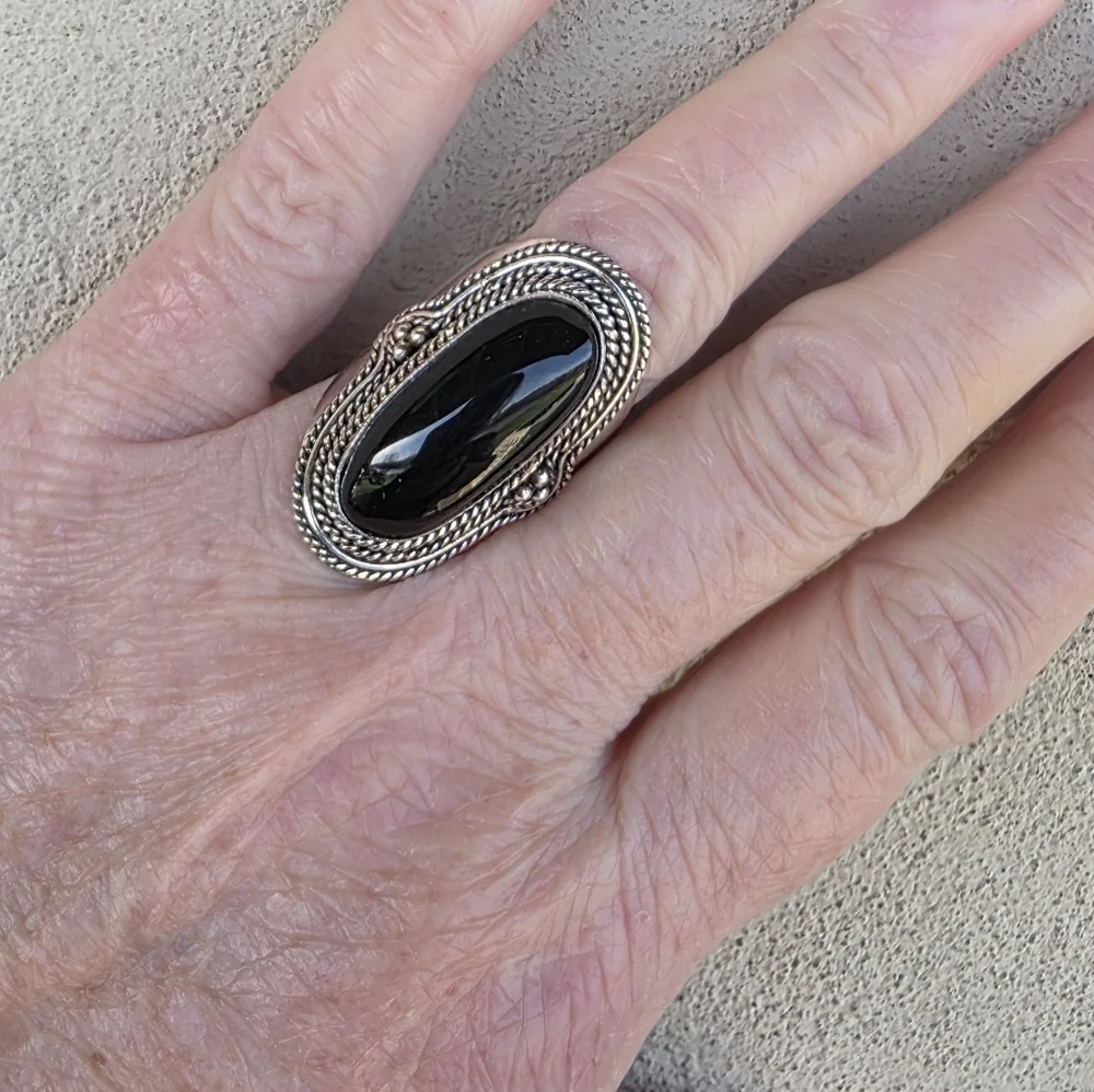 Long Black Onyx Boho Ring in 925 Sterling Silver (snug 9)
